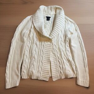 Calvin Klein Ivory Cotton One Button Cable Knit Collared Cardigan Sz L EUC